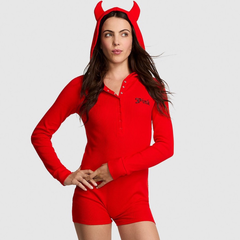 Victoria’s Secret Pink Devil Ribbed Rhinestone‎ Romper Halloween Costume Cosplay